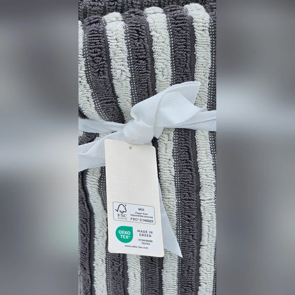 Rachel Zoe 2 Piece 100% Cotton Hand Towel Set Gray White Striped OEKO TEX
